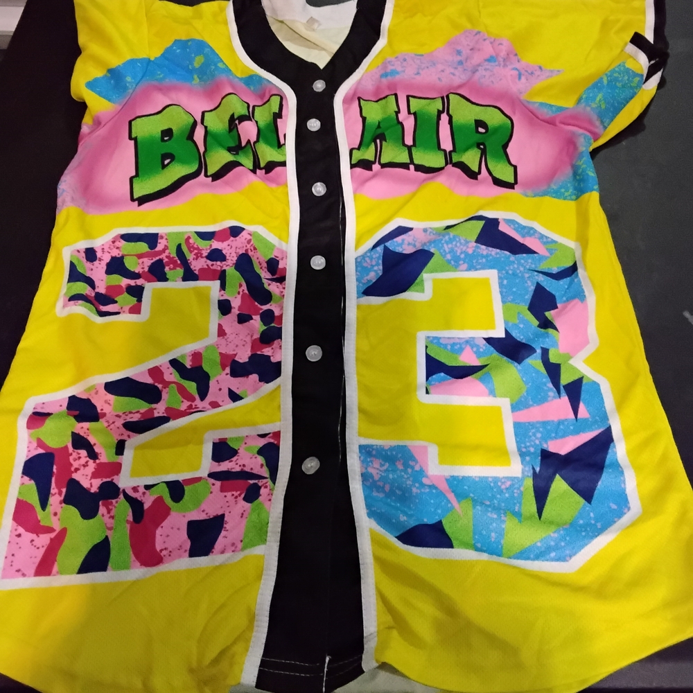 This is a 'Fresh Prince of Bel-Air' style number 23 baseball jersey in a multi-c